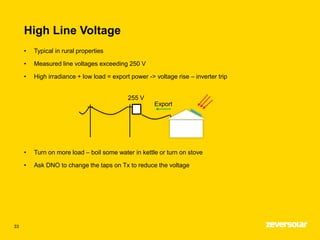 High Line Voltage
33
• Typical in rural properties
• Measured line voltages exceeding 250 V
• High irradiance + low load = export power -> voltage rise – inverter trip
255 V
Export
• Turn on more load – boil some water in kettle or turn on stove
• Ask DNO to change the taps on Tx to reduce the voltage
 