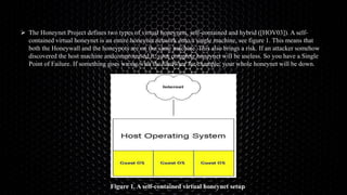  The Honeynet Project defines two types of virtual honeynets, self-contained and hybrid ([HOV03]). A self-
contained virtual honeynet is an entire honeynet network onto a single machine, see figure 1. This means that
both the Honeywall and the honeypots are on the same machine. This also brings a risk. If an attacker somehow
discovered the host machine andcompromised it, your complete honeynet will be useless. So you have a Single
Point of Failure. If something goes wrong with the hardware for example, your whole honeynet will be down.
Figure 1. A self-contained virtual honeynet setup
 
