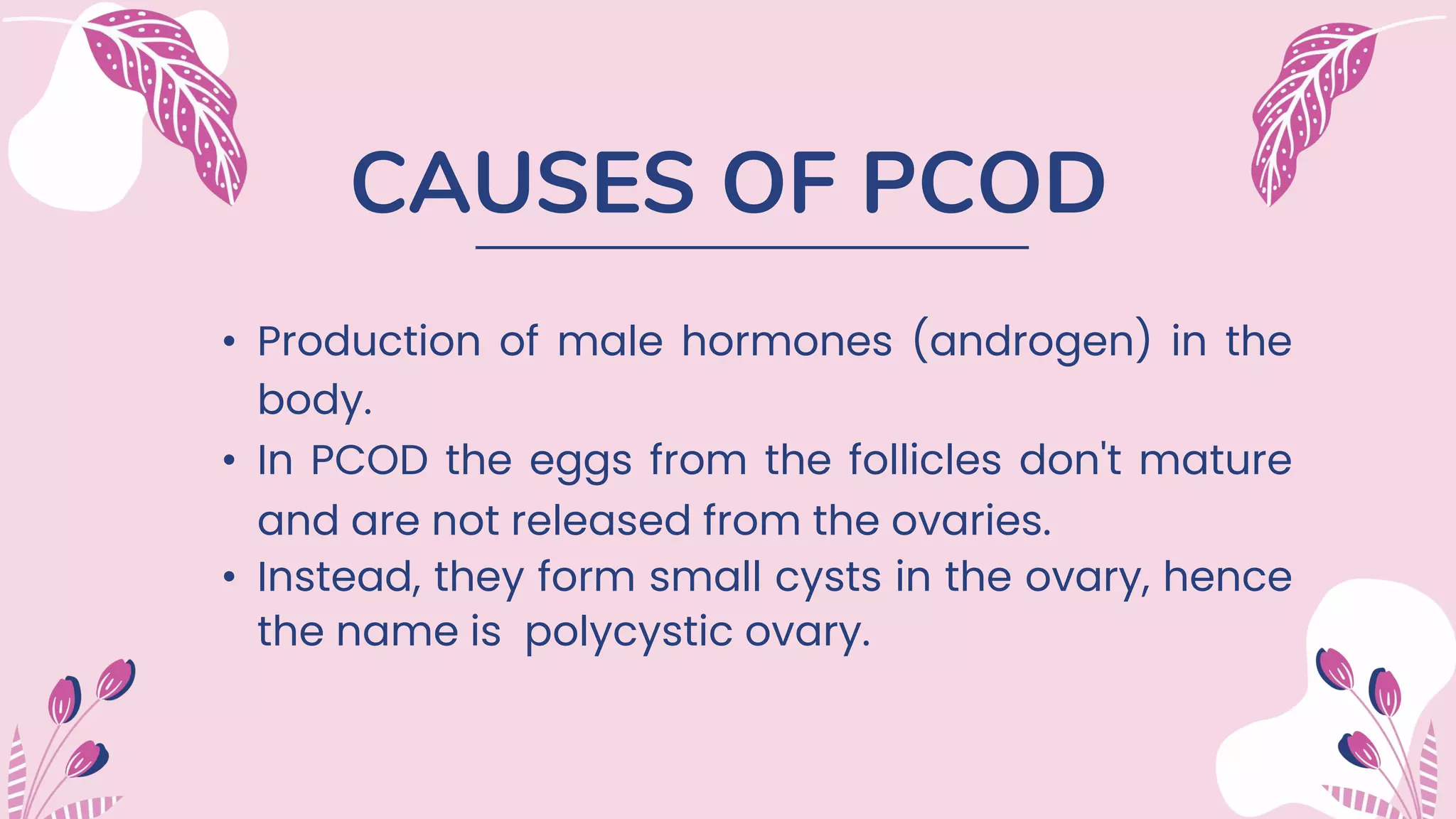 CAUSES OF PCOD
• Production of male hormones (androgen) in the
body.
• In PCOD the eggs from the follicles don't mature
and are not released from the ovaries.
• Instead, they form small cysts in the ovary, hence
the name is polycystic ovary.