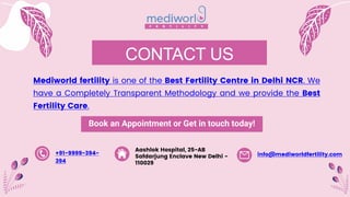 CONTACT US
Mediworld fertility is one of the Best Fertility Centre in Delhi NCR. We
have a Completely Transparent Methodology and we provide the Best
Fertility Care.
+91-9999-394-
394
Aashlok Hospital, 25-AB
Safdarjung Enclave New Delhi -
110029
info@mediworldfertility.com
Book an Appointment or Get in touch today!
 