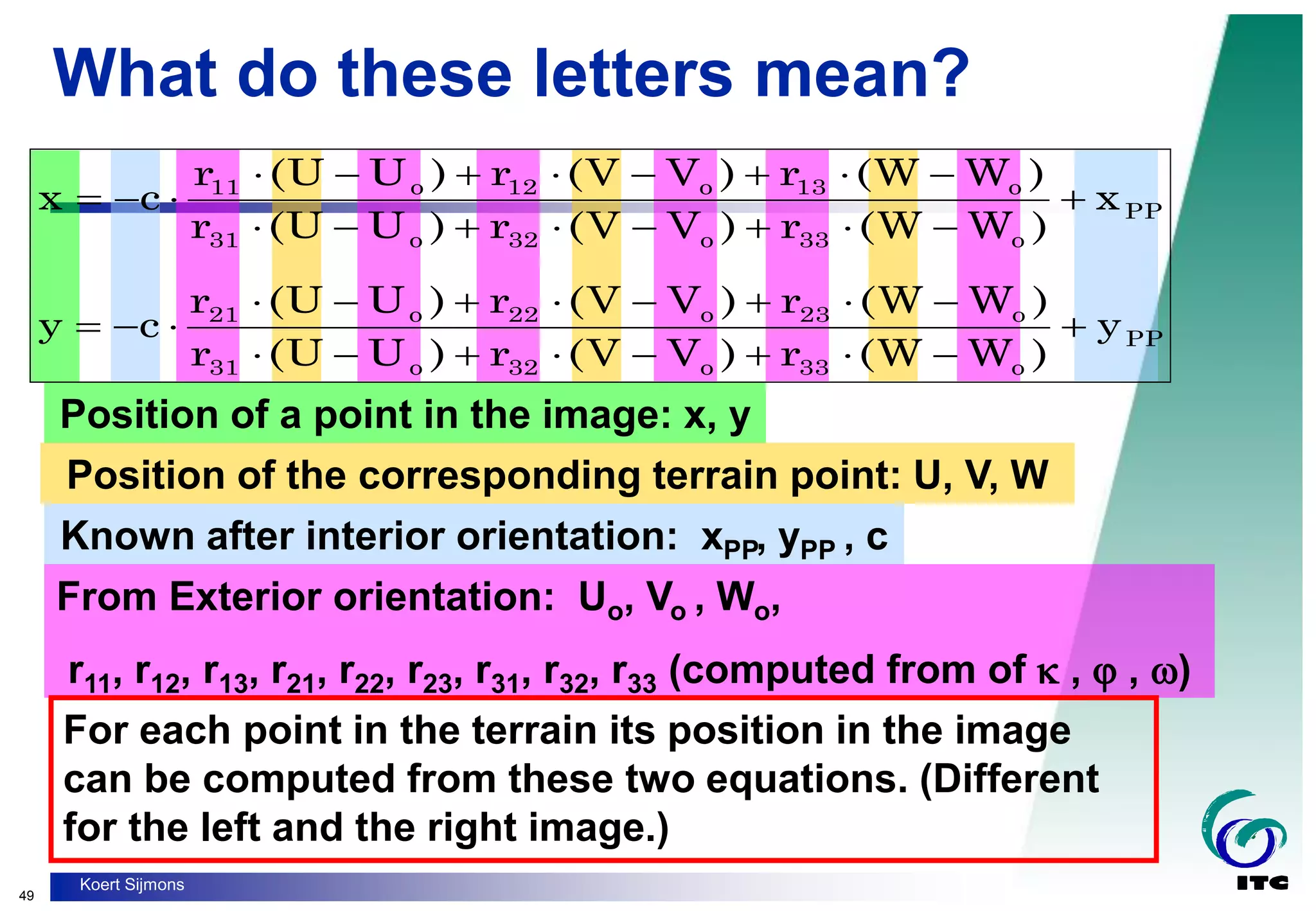 49
Koert Sijmons
What do these letters mean?
Position of a point in the image: x, y
Position of the corresponding terrain point: U, V, W
Known after interior orientation: xPP, yPP , c
From Exterior orientation: Uo, Vo , Wo,
r11, r12, r13, r21, r22, r23, r31, r32, r33 (computed from of  ,  , )
For each point in the terrain its position in the image
can be computed from these two equations. (Different
for the left and the right image.)
PP
o
33
o
32
o
31
o
23
o
22
o
21
PP
o
33
o
32
o
31
o
13
o
12
o
11
y
)
W
W
(
r
)
V
V
(
r
)
U
U
(
r
)
W
W
(
r
)
V
V
(
r
)
U
U
(
r
c
y
x
)
W
W
(
r
)
V
V
(
r
)
U
U
(
r
)
W
W
(
r
)
V
V
(
r
)
U
U
(
r
c
x








































 
