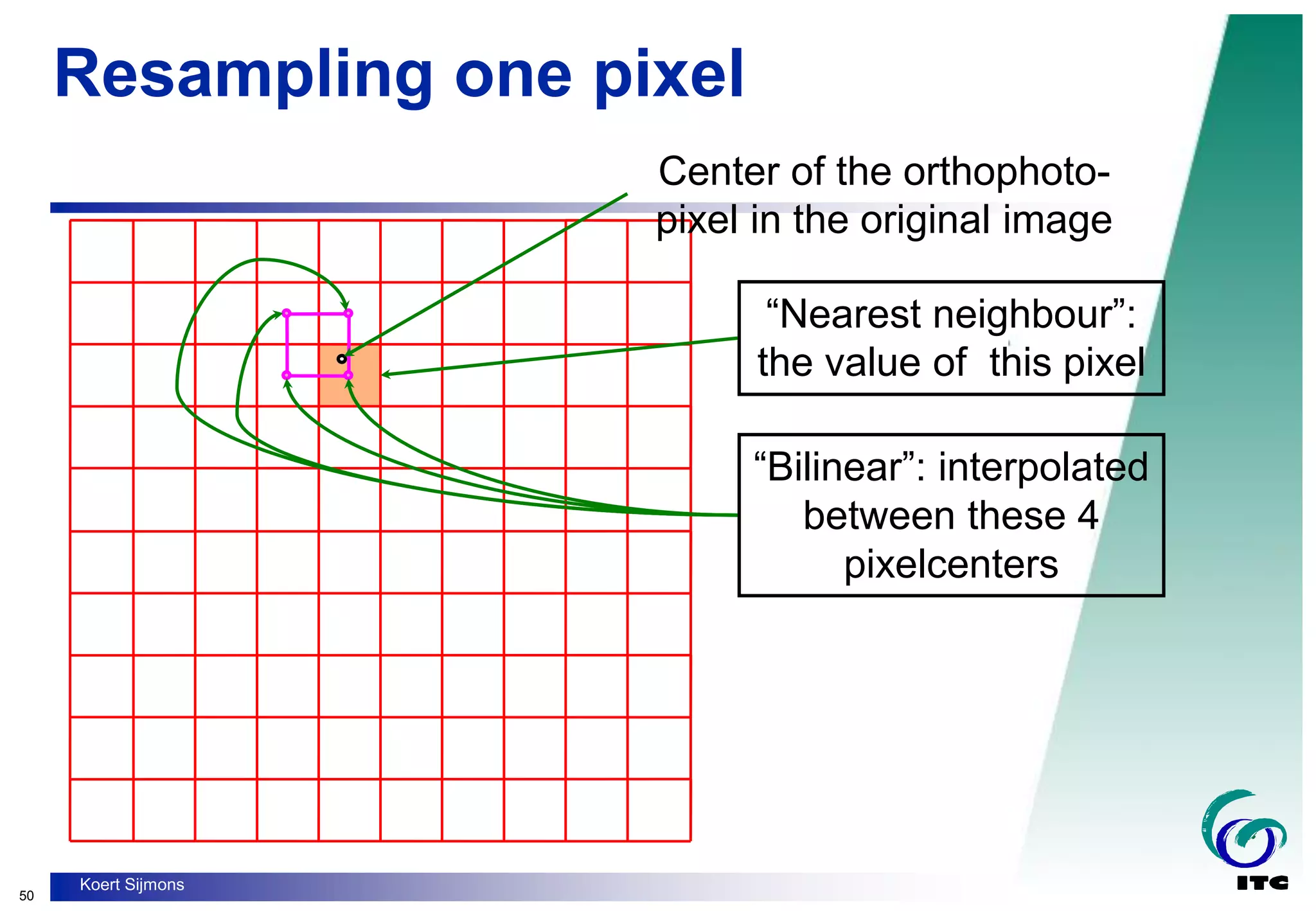 50
Koert Sijmons
Resampling one pixel
Center of the orthophoto-
pixel in the original image
“Nearest neighbour”:
the value of this pixel
“Bilinear”: interpolated
between these 4
pixelcenters
 