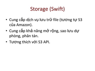Storage (Swift)
• Cung cấp dịch vụ lưu trữ file (tương tự S3
của Amazon).
• Cung cấp khả năng mở rộng, sao lưu dự
phòng, phân tán.
• Tương thích với S3 API.
 
