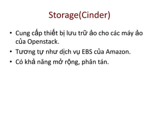 Storage(Cinder)
• Cung cấp thiết bị lưu trữ ảo cho các máy ảo
của Openstack.
• Tương tự như dịch vụ EBS của Amazon.
• Có khả năng mở rộng, phân tán.
 