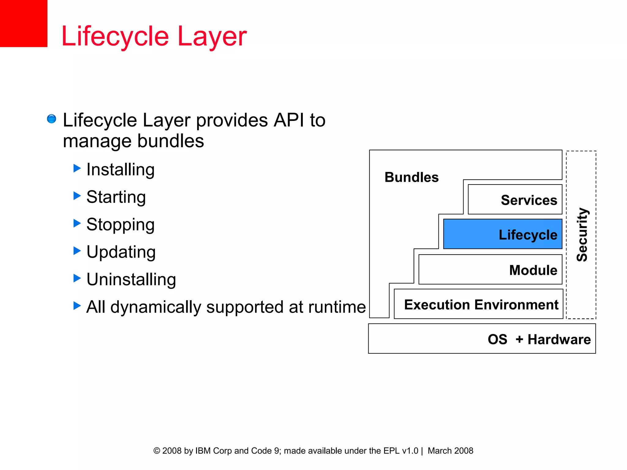 Lifecycle Layer

Lifecycle Layer provides API to
manage bundles
 Installing
                                                                    Bundles
 Starting                                                                                    Services




                                                                                                          Security
 Stopping
                                                                                              Lifecycle
 Updating
                                                                                               Module
 Uninstalling
 All   dynamically supported at runtime                                 Execution Environment

                                                                                             OS + Hardware




             © 2008 by IBM Corp and Code 9; made available under the EPL v1.0 | March 2008
 