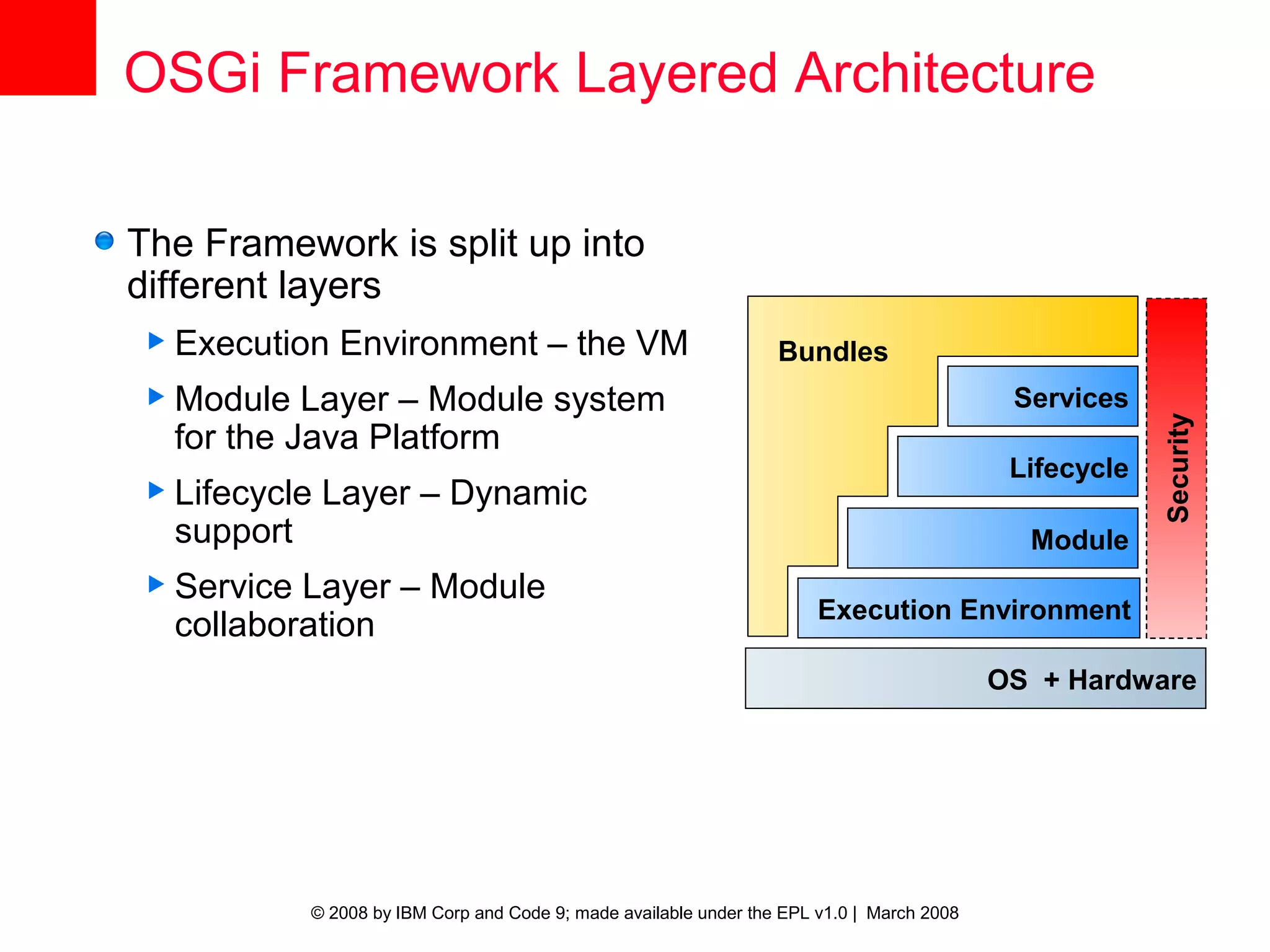 OSGi Framework Layered Architecture

The Framework is split up into
different layers
 Execution    Environment – the VM                                Bundles
 Module   Layer – Module system                                                             Services




                                                                                                         Security
  for the Java Platform
                                                                                             Lifecycle
 Lifecycle   Layer – Dynamic
  support                                                                                     Module
 Service Layer – Module
                                                                        Execution Environment
  collaboration
                                                                                            OS + Hardware




            © 2008 by IBM Corp and Code 9; made available under the EPL v1.0 | March 2008
 