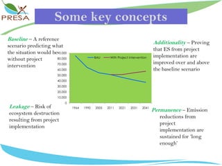 SomekeyconceptsBaseline– A referencescenariopredictingwhatthesituationwouldbewithoutprojectinterventionAdditionality–Provingthat ES fromprojectimplementation are improvedover and abovethebaselinescenarioLeakage–Risk of ecosystemdestructionresultingfromprojectimplementationPermanence– Emissionreductionsfromprojectimplementation are sustainedfor ‘longenough’