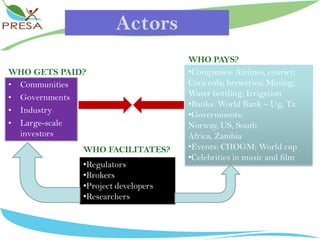 ActorsWHO PAYS?Companies: Airlines, courier; Coca cola; breweries; Mining; Water bottling; Irrigation 
