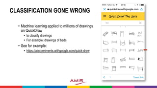 CLASSIFICATION GONE WRONG
• Machine learning applied to millions of drawings
on QuickDraw
• to classify drawings
• For example: drawings of beds
• See for example:
• https://aiexperiments.withgoogle.com/quick-draw
 