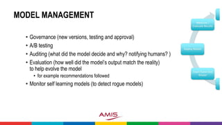 MODEL MANAGEMENT
• Governance (new versions, testing and approval)
• A/B testing
• Auditing (what did the model decide and why? notifying humans? )
• Evaluation (how well did the model’s output match the reality)
to help evolve the model
• for example recommendations followed
• Monitor self learning models (to detect rogue models)
 