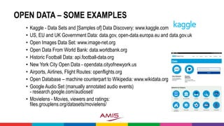 OPEN DATA – SOME EXAMPLES
• Kaggle - Data Sets and [Samples of] Data Discovery: www.kaggle.com
• US, EU and UK Government Data: data.gov, open-data.europa.eu and data.gov.uk
• Open Images Data Set: www.image-net.org
• Open Data From World Bank: data.worldbank.org
• Historic Football Data: api.football-data.org
• New York City Open Data - opendata.cityofnewyork.us
• Airports, Airlines, Flight Routes: openflights.org
• Open Database – machine counterpart to Wikipedia: www.wikidata.org
• Google Audio Set (manually annotated audio events)
- research.google.com/audioset/
• Movielens - Movies, viewers and ratings:
files.grouplens.org/datasets/movielens/
 