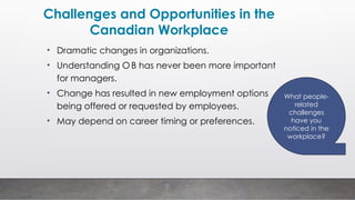 Challenges and Opportunities in the
Canadian Workplace
• Dramatic changes in organizations.
• Understanding O B has never been more important
for managers.
• Change has resulted in new employment options
being offered or requested by employees.
• May depend on career timing or preferences.
What people-
related
challenges
have you
noticed in the
workplace?
 