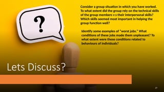Lets Discuss?
27
Consider a group situation in which you have worked.
To what extent did the group rely on the technical skills
of the group members versus their interpersonal skills?
Which skills seemed most important in helping the
group function well?
Identify some examples of “worst jobs.” What
conditions of these jobs made them unpleasant? To
what extent were these conditions related to
behaviours of individuals?
 