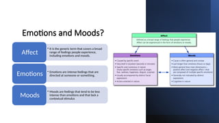 Emotions and Moods?
• It is the generic term that covers a broad
range of feelings people experience,
including emotions and moods.
Affect
• Emotions are intense feelings that are
directed at someone or something.
Emotions
• Moods are feelings that tend to be less
intense than emotions and that lack a
contextual stimulus
Moods
 