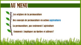 AU MENU
Les origines de la permaculture
Des concepts de permaculture en action (agriculture)
La permaculture, pas seulement l`agriculture

Comment s`impliquer au Québec et ailleurs?

 