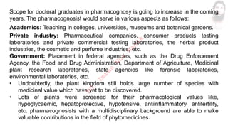 Scope for doctoral graduates in pharmacognosy is going to increase in the coming
years. The pharmacognosist would serve in various aspects as follows:
Academics: Teaching in colleges, universities, museums and botanical gardens.
Private industry: Pharmaceutical companies, consumer products testing
laboratories and private commercial testing laboratories, the herbal product
industries, the cosmetic and perfume industries, etc.
Government: Placement in federal agencies, such as the Drug Enforcement
Agency, the Food and Drug Administration, Department of Agriculture, Medicinal
plant research laboratories, state agencies like forensic laboratories,
environmental laboratories, etc.
• Undoubtedly, the plant kingdom still holds large number of species with
medicinal value which have yet to be discovered.
• Lots of plants were screened for their pharmacological values like,
hypoglycaemic, hepatoprotective, hypotensive, antiinflammatory, antifertility,
etc. pharmacognosists with a multidisciplinary background are able to make
valuable contributions in the field of phytomedicines.
M
d
.
I
m
r
a
n
N
u
r
M
a
n
i
k
 