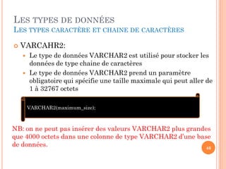 LES TYPES DE DONNÉES
LES TYPES CARACTÈRE ET CHAINE DE CARACTÈRES


VARCAHR2:



Le type de données VARCHAR2 est utilisé pour stocker les
données de type chaine de caractères
Le type de données VARCHAR2 prend un paramètre
obligatoire qui spécifie une taille maximale qui peut aller de
1 à 32767 octets
VARCHAR2(maximum_size);

NB: on ne peut pas insérer des valeurs VARCHAR2 plus grandes
que 4000 octets dans une colonne de type VARCHAR2 d’une base
de données.
46

 