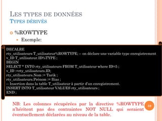 LES TYPES DE DONNÉES
TYPES DÉRIVÉS


%ROWTYPE


Exemple:

DECALRE
rty_utilisateurs T_utilisateur%ROWTYPE; -- on déclare une variable type enregistrement
v_ID T_utilisateur.ID%TYPE ;
BEGIN
SELECT * INTO rty_utilisateurs FROM T_utilisateur where ID=5 ;
v_ID :=rty_utilisateurs.ID;
rty_utilisateurs.Nom := Tarik ;
rty_utilisateurs.Prénom := Ilias ;
-- Insertion dans la table T_utilisateur à partir d’un enregistrement.
INSERT INTO T_utilisateur VALUES rty_utilisateurs ;
END ;

NB: Les colonnes récupérées par la directive %ROWTYPE
n’héritent pas des contraintes NOT NULL qui seraient
éventuellement déclarées au niveau de la table.

59

 