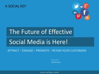 The Future of Effective
Social Media is Here!
ATTRACT – ENGAGE – PROMOTE – RETAIN YOUR CUSTOMERS
a s o c i a l k e y. c o m
Presenter
Marsha Key
A SOCIAL KEY
 