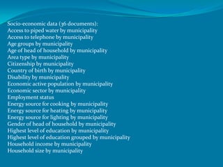 Socio-economic data (36 documents):
Access to piped water by municipality
Access to telephone by municipality
Age groups by municipality
Age of head of household by municipality
Area type by municipality
Citizenship by municipality
Country of birth by municipality
Disability by municipality
Economic active population by municipality
Economic sector by municipality
Employment status
Energy source for cooking by municipality
Energy source for heating by municipality
Energy source for lighting by municipality
Gender of head of household by municipality
Highest level of education by municipality
Highest level of education grouped by municipality
Household income by municipality
Household size by municipality
 