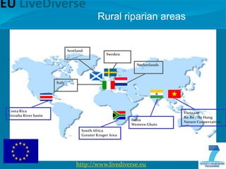 EU LiveDiverse
                                              Rural riparian areas


                               Scotland
                                                   Sweden

                                                              Netherlands



                       Italy




 Costa Rica                                                                 Vietnam
 Terraba River basin                                                        Ba-Be / Na Hang
                                                            India
                                                                            Nature Conservation
                                                            Western Ghats
                                      South Africa
                                      Greater Kruger Area




                                   http://www.livediverse.eu
 