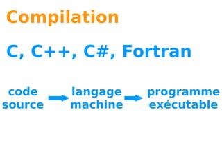 Compilation

C, C++, C#, Fortran

 code    langage   programme
source   machine   exécutable
 