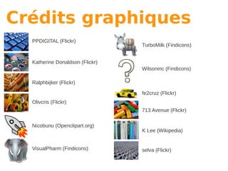 Crédits graphiques
  PPDIGITAL (Flickr)
                                 TurboMilk (Findicons)


  Katherine Donaldson (Flickr)
                                 Wilsoninc (Findicons)

  Ralphbijker (Flickr)

                                 fe2cruz (Flickr)
  Olivcris (Flickr)
                                 713 Avenue (Flickr)

  Nicobunu (Openclipart.org)
                                 K Lee (Wikipedia)


  VisualPharm (Findicons)        selva (Flickr)
 