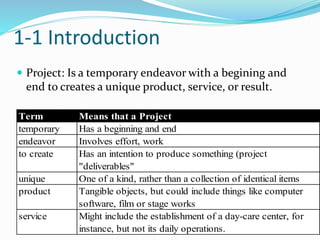 1-1 Introduction
 Project: Is a temporary endeavor with a begining and
end to creates a unique product, service, or result.
7
Term Means that a Project
temporary Has a beginning and end
endeavor Involves effort, work
to create Has an intention to produce something (project
"deliverables"
unique One of a kind, rather than a collection of identical items
product Tangible objects, but could include things like computer
software, film or stage works
service Might include the establishment of a day-care center, for
instance, but not its daily operations.
 