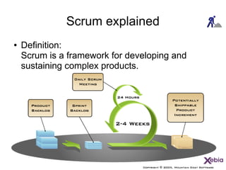 Scrum explained
● Definition:
Scrum is a framework for developing and
sustaining complex products.
 