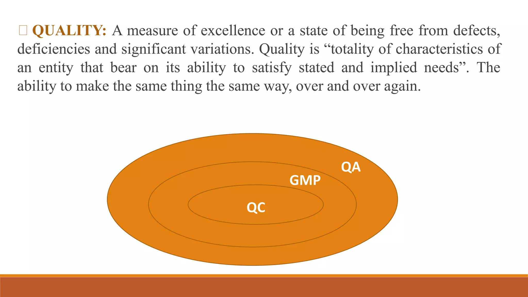 QUALITY: A measure of excellence or a state of being free from defects,
deficiencies and significant variations. Quality is “totality of characteristics of
an entity that bear on its ability to satisfy stated and implied needs”. The
ability to make the same thing the same way, over and over again.
QA
GMP
QC
 