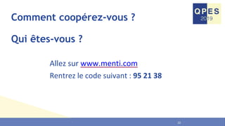 10
Allez sur www.menti.com
Rentrez le code suivant : 95 21 38
Comment coopérez-vous ?
Qui êtes-vous ?
 