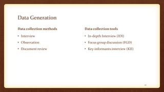 Data Generation
Data collection methods
• Interview
• Observation
• Document review
Data collection tools
• In-depth Interview (IDI)
• Focus group discussion (FGD)
• Key-informants interview (KII)
27
 