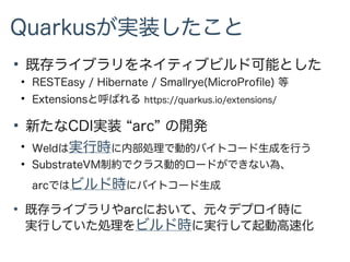 Quarkusが実装したこと
●
既存ライブラリをネイティブビルド可能とした
●
RESTEasy / Hibernate / Smallrye(MicroProfile) 等
●
Extensionsと呼ばれる https://quarkus.io/extensions/
●
新たなCDI実装 &ldquo;arc&rdquo; の開発
●
Weldは実行時に内部処理で動的バイトコード生成を行う
●
SubstrateVM制約でクラス動的ロードができない為、
arcではビルド時にバイトコード生成
●
既存ライブラリやarcにおいて、元々デプロイ時に
実行していた処理をビルド時に実行して起動高速化
 
