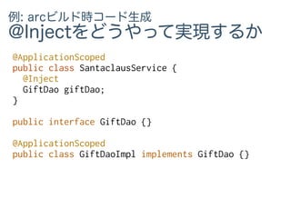 例: arcビルド時コード生成
@Injectをどうやって実現するか
@ApplicationScoped
public class SantaclausService {
@Inject
GiftDao giftDao;
}
public interface GiftDao {}
@ApplicationScoped
public class GiftDaoImpl implements GiftDao {}
 
