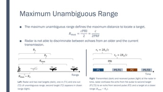 Maximum Unambiguous Range
■ The maximum unambiguous range defines the maximum distance to locate a target.
𝑅max =
𝑐PRI
2
=
𝑐
2PRF
■ Radar is not able to discriminate between echoes from an older and the current
transmission.
P1 P1,T2
P2
P1,T1
Time
PRI
𝜏2 = Τ
2𝑅2 𝑐
𝜏1 = Τ
2𝑅1 𝑐
Right: Transmitted (dark) and received pulses (light) at the radar in
time, radar confuses the echo from fist pulse to second target
(P1,T2) to an echo from second pulse (P2) and a target at a closer
range (𝑅max − 𝑅2).
T1 T2
𝑅1
𝑅max
𝑅2
Range
𝑅max − 𝑅2
Left: Radar and two real targets (dark), one in (T1) and one out
(T2) of unambiguous range, second target (T2) appears in closer
range (light).
 