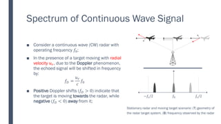 Spectrum of Continuous Wave Signal
■ Consider a continuous wave (CW) radar with
operating frequency 𝑓0;
■ In the presence of a target moving with radial
velocity 𝑢𝑟, due to the Doppler phenomenon,
the echoed signal will be shifted in frequency
by:
𝑓𝐷 =
𝑢𝑟
𝑐
𝑓0
■ Positive Doppler shifts (𝑓𝐷 > 0) indicate that
the target is moving towards the radar, while
negative (𝑓𝐷 < 0) away from it;
𝑓0
−𝑓𝑠/2 𝑓𝑠/2
Stationary radar and moving target scenario: (T) geometry of
the radar target system, (B) frequency observed by the radar
 