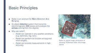 Basic Principles
■ Radar is an acronym for RAdio Detection And
Ranging;
■ An object detection system that transmits
electromagnetic (EM) waves and analyses the
echoes coming from the objects;
■ Why use radar?
– Radar can operate in any weather conditions
(e.g. darkness, fog, rain);
– Radar can perform its function at long and
short ranges;
– Radar can provide measurements in high
accuracy.
Radar vs. optical image, penetration of
clouding, ©Cassidian radar, ©Eurimage,
optical.
 