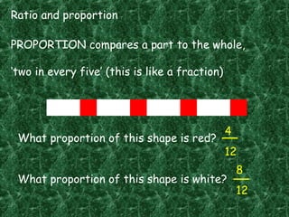 Ratio and proportion
PROPORTION compares a part to the whole,
‘two in every five’ (this is like a fraction)
What proportion of this shape is red?
What proportion of this shape is white?
4
12
8
12
 