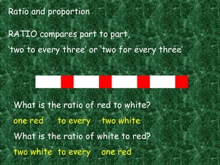 Ratio and proportion
RATIO compares part to part,
‘two to every three’ or ‘two for every three’
What is the ratio of red to white?
one red to every two white
What is the ratio of white to red?
two white to every one red
 