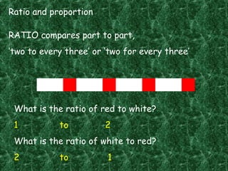 Ratio and proportion
RATIO compares part to part,
‘two to every three’ or ‘two for every three’
What is the ratio of red to white?
1 to 2
What is the ratio of white to red?
2 to 1
 