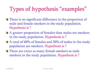 Types of hypothesis ―examples‖
There is no significant difference in the proportion of
male and female smokers in the study population.
Hypothesis is ?
A greater proportion of females than males are smokers
in the study population. Hypothesis is ?
A total of 60% of females and 30% of males in the study
population are smokers. Hypothesis is ?
There are twice as many female smokers as male
smokers in the study population. Hypothesis is ?

11/26/2013

Dr. Tarek Tawfik

 
