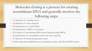 Molecular cloning is a process for creating
recombinant DNA and generally involves the
following steps:
• (1) Selection of a cloning vector
• (2) Selection of a host organism
• (3) Preparation of a vector DNA
• (4) Preparation of DNA to be cloned
• (5) Creation of recombinant DNA vector (having foreign DNA)
• (6) Introduction of recombinant vector into host organism
• (7) Selection of clones having insert vector.
• (8) Screening and multiplication of recombinant clones with desired DNA inserts.
 