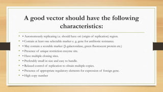 A good vector should have the following
characteristics:
• • Autonomously replicating i.e. should have ori (origin of replication) region.
• • Contain at least one selectable marker e. g. gene for antibiotic resistance.
• • May contain a scorable marker (β-galactosidase, green fluorescent protein etc.)
• • Presence of unique restriction enzyme site.
• • Have multiple cloning sites.
• • Preferably small in size and easy to handle.
• • Relaxed control of replication to obtain multiple copies.
• • Presence of appropriate regulatory elements for expression of foreign gene.
• • High copy number
 