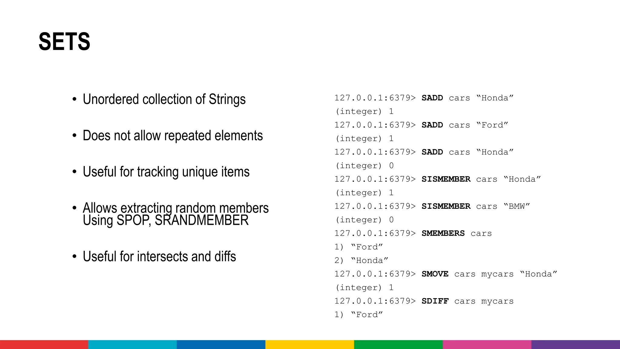 SETS
• Unordered collection of Strings
• Does not allow repeated elements
• Useful for tracking unique items
• Allows extracting random members
Using SPOP, SRANDMEMBER
• Useful for intersects and diffs
127.0.0.1:6379> SADD cars “Honda”
(integer) 1
127.0.0.1:6379> SADD cars “Ford”
(integer) 1
127.0.0.1:6379> SADD cars “Honda”
(integer) 0
127.0.0.1:6379> SISMEMBER cars “Honda”
(integer) 1
127.0.0.1:6379> SISMEMBER cars “BMW”
(integer) 0
127.0.0.1:6379> SMEMBERS cars
1) “Ford”
2) “Honda”
127.0.0.1:6379> SMOVE cars mycars “Honda”
(integer) 1
127.0.0.1:6379> SDIFF cars mycars
1) “Ford”
 