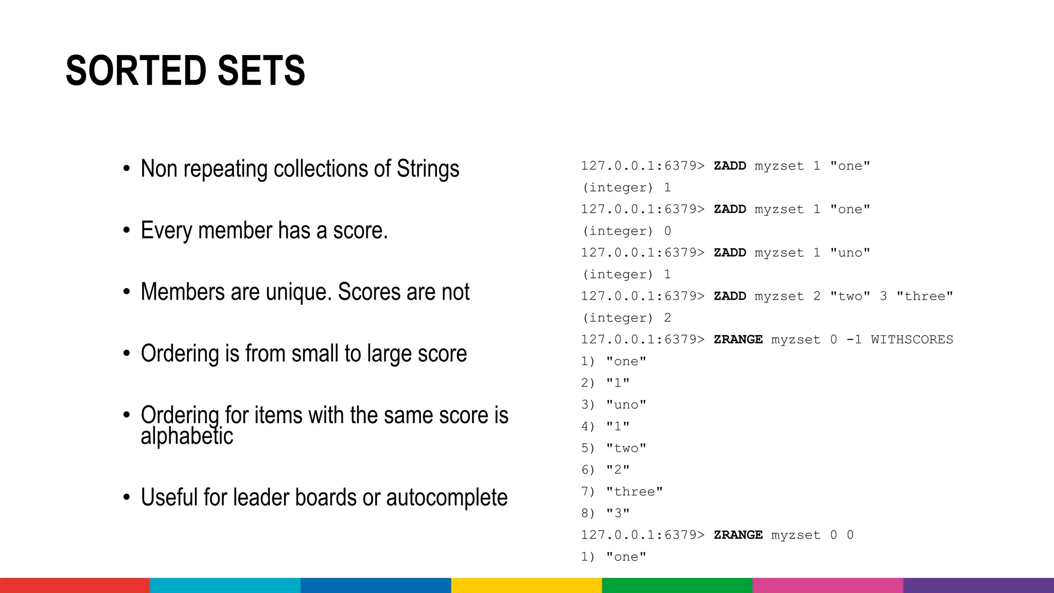 SORTED SETS
• Non repeating collections of Strings
• Every member has a score.
• Members are unique. Scores are not
• Ordering is from small to large score
• Ordering for items with the same score is
alphabetic
• Useful for leader boards or autocomplete
127.0.0.1:6379> ZADD myzset 1 "one"
(integer) 1
127.0.0.1:6379> ZADD myzset 1 "one"
(integer) 0
127.0.0.1:6379> ZADD myzset 1 "uno"
(integer) 1
127.0.0.1:6379> ZADD myzset 2 "two" 3 "three"
(integer) 2
127.0.0.1:6379> ZRANGE myzset 0 -1 WITHSCORES
1) "one"
2) "1"
3) "uno"
4) "1"
5) "two"
6) "2"
7) "three"
8) "3"
127.0.0.1:6379> ZRANGE myzset 0 0
1) "one"
 