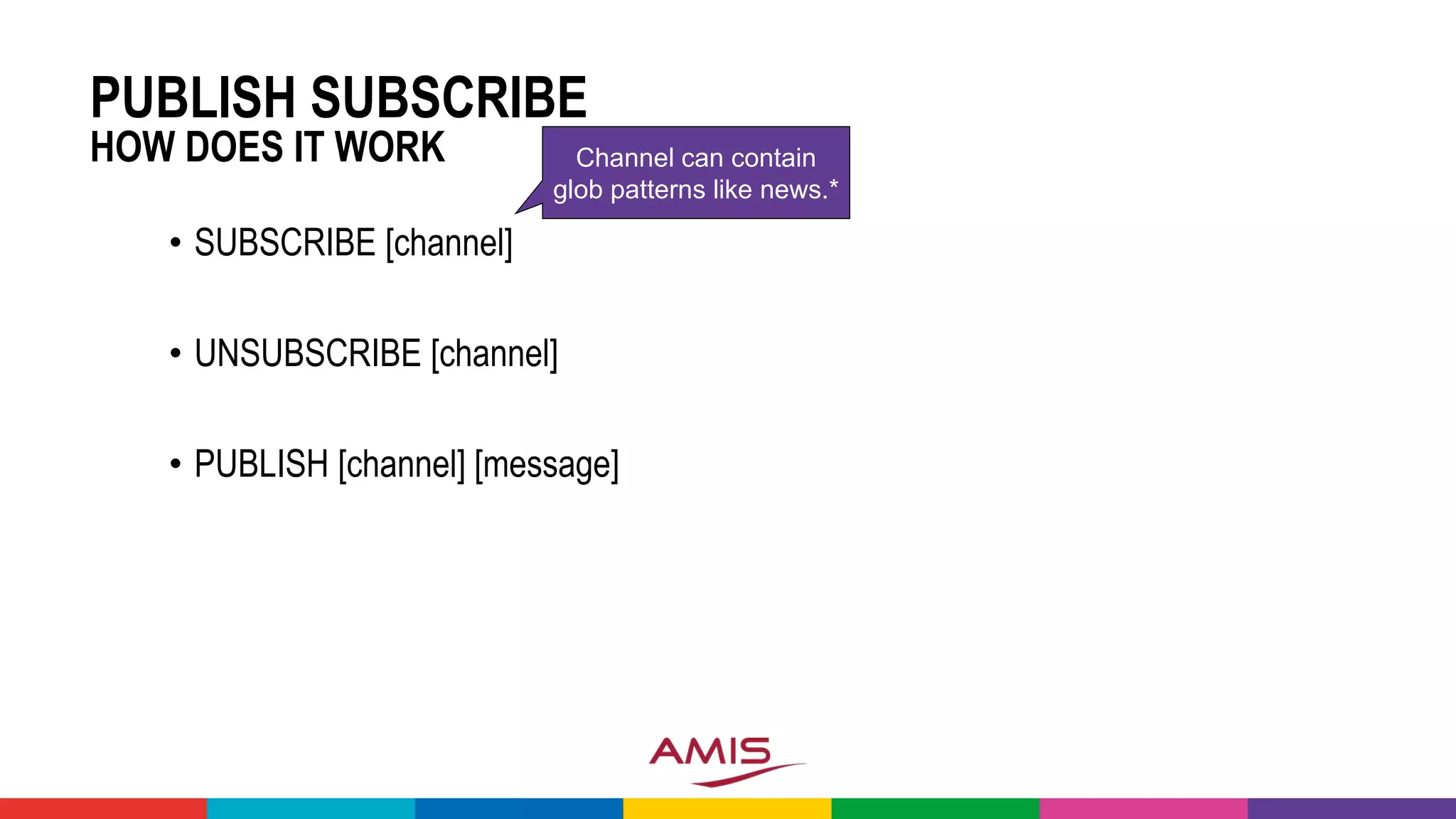 PUBLISH SUBSCRIBE
HOW DOES IT WORK
• SUBSCRIBE [channel]
• UNSUBSCRIBE [channel]
• PUBLISH [channel] [message]
Channel can contain
glob patterns like news.*
 