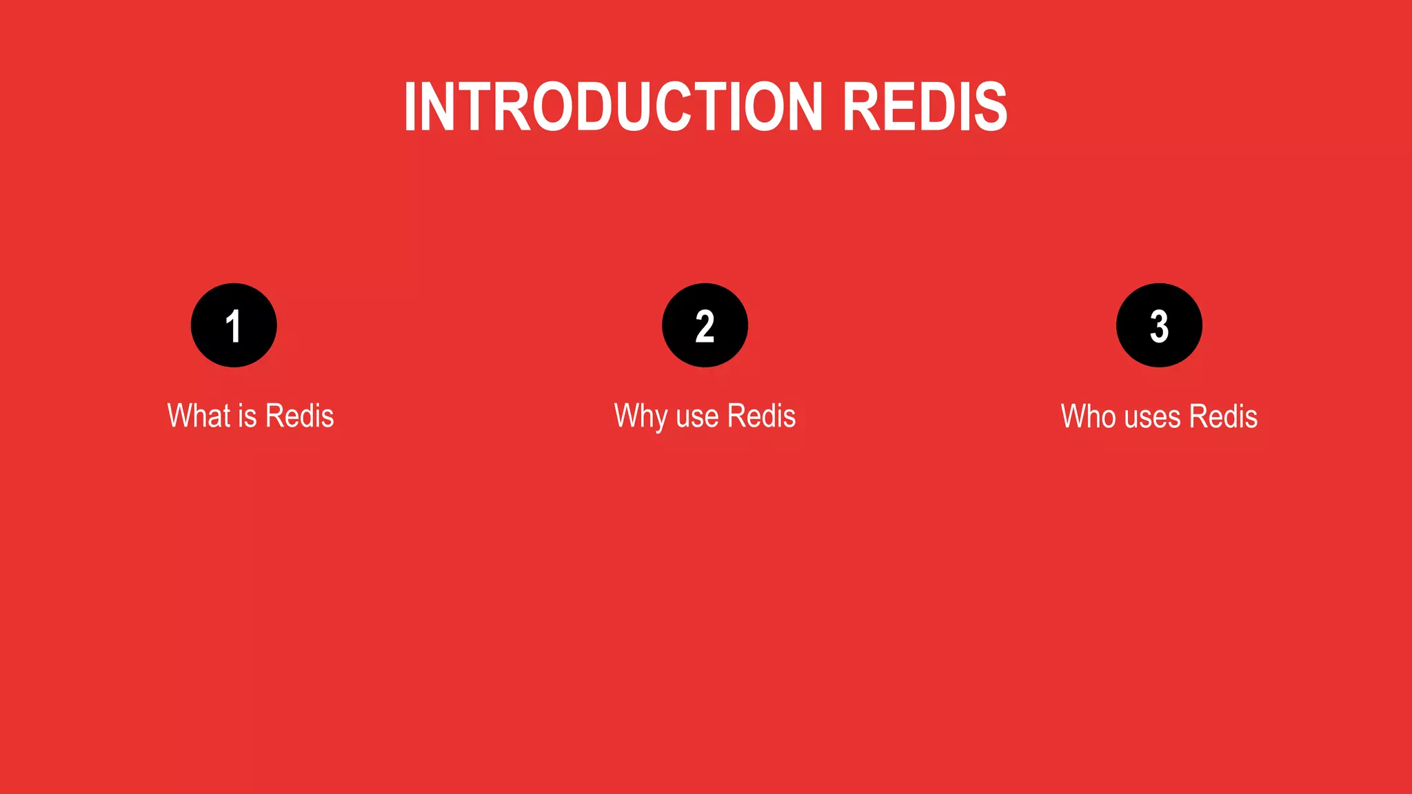 1 2 3
What is Redis Why use Redis Who uses Redis
INTRODUCTION REDIS
 