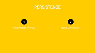 1 2
PERSISTENCE
Redis Database File (RDB) Append Only File (OAF)
 