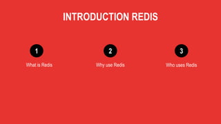 1 2 3
What is Redis Why use Redis Who uses Redis
INTRODUCTION REDIS
 