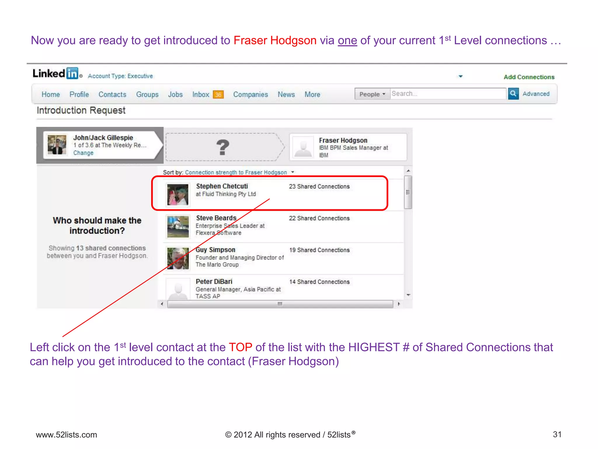 31www.52lists.com © 2012 All rights reserved / 52lists®
Now you are ready to get introduced to Fraser Hodgson via one of your current 1st Level connections …
Left click on the 1st level contact at the TOP of the list with the HIGHEST # of Shared Connections that
can help you get introduced to the contact (Fraser Hodgson)
 